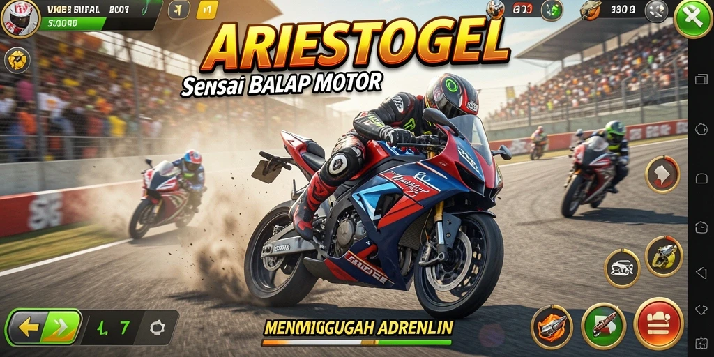 Tampilan gameplay ARIESTOGEL yang intens dan mengasyikkan saat balapan motor.