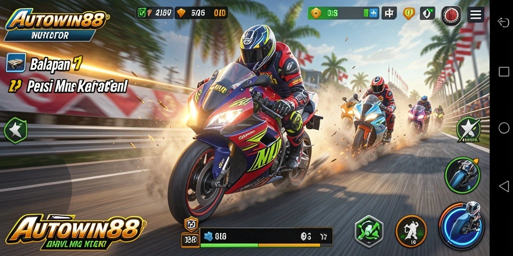 Gameplay mendebarkan dari AUTOWIN88 saat balapan motor.