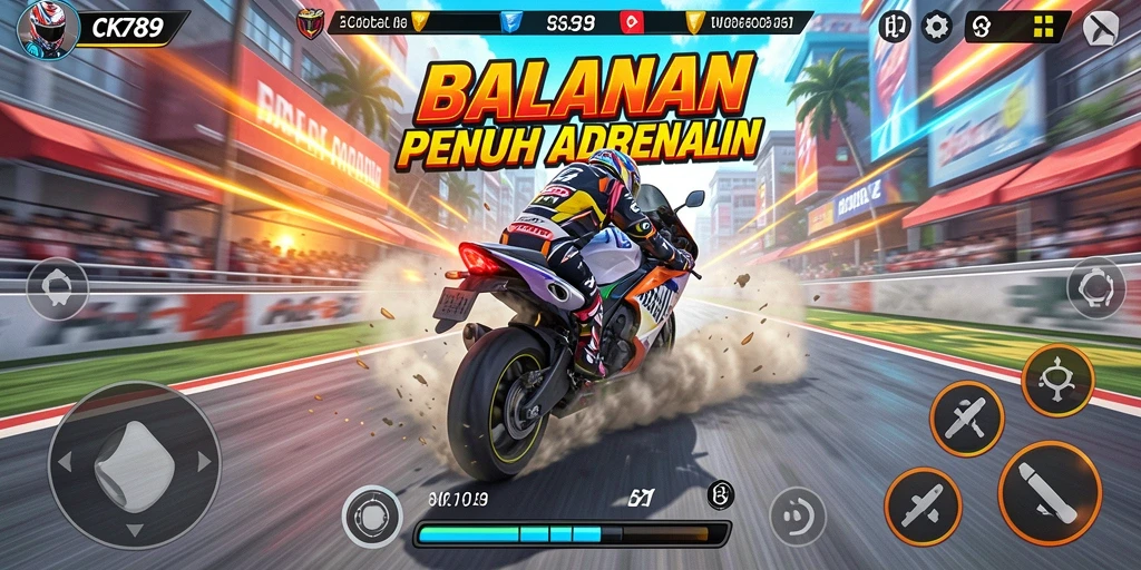 Screenshot gameplay CK789 menampilkan aksi balapan motor yang spektakuler.