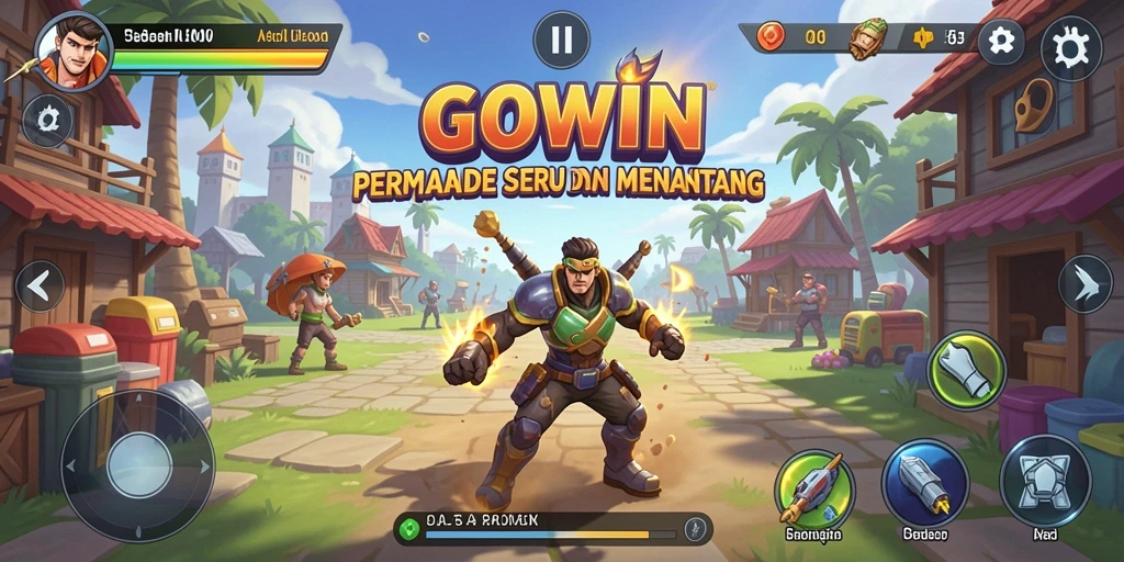 Screenshot utama GOWIN menampilkan gameplay yang dinamis dan penuh warna.