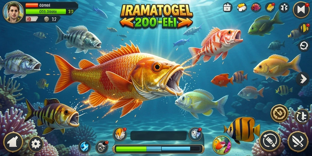 Tampilan gameplay IRAMATOGEL yang menarik saat berburu ikan.