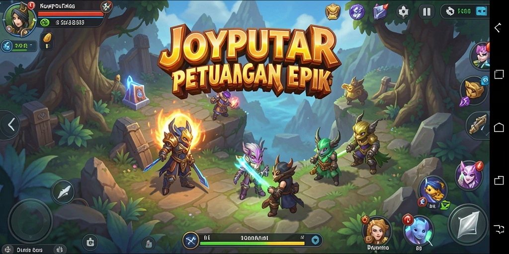 Tampilan layar permainan JOYPUTAR yang menampilkan karakter bertarung di dunia fantasi.
