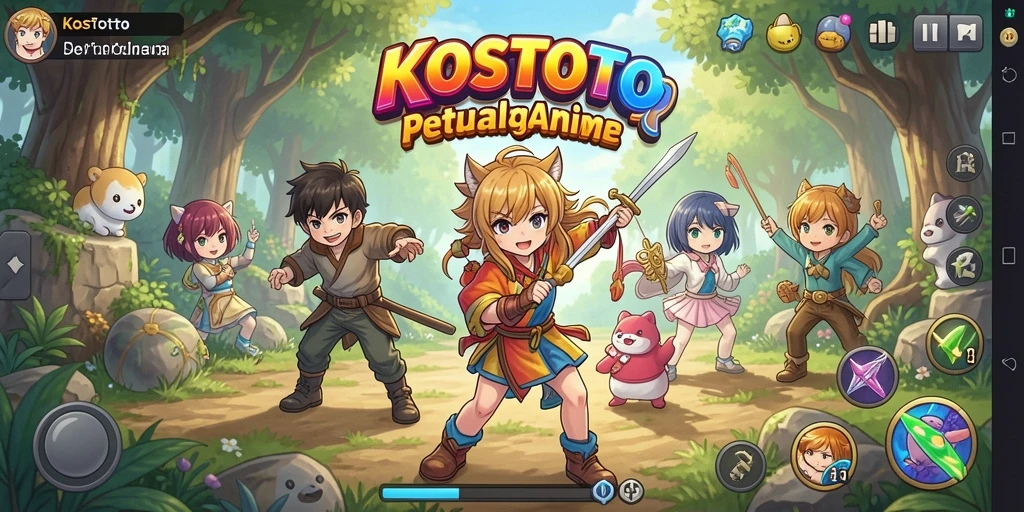 Tampilan gameplay KOSTOTO dengan karakter anime yang menarik.
