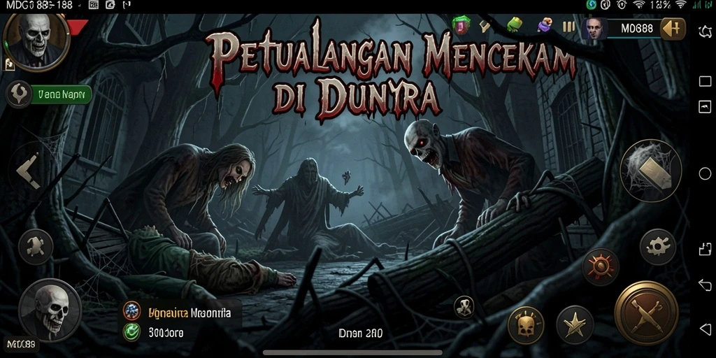 Screenshot gameplay MDG188 menampilkan karakter menjelajahi area berhantu yang gelap.