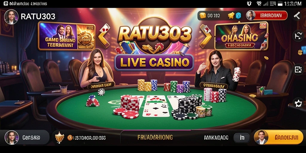 Screenshot gameplay RATU303 menampilkan dealer langsung dan suasana kasino yang mendebarkan.